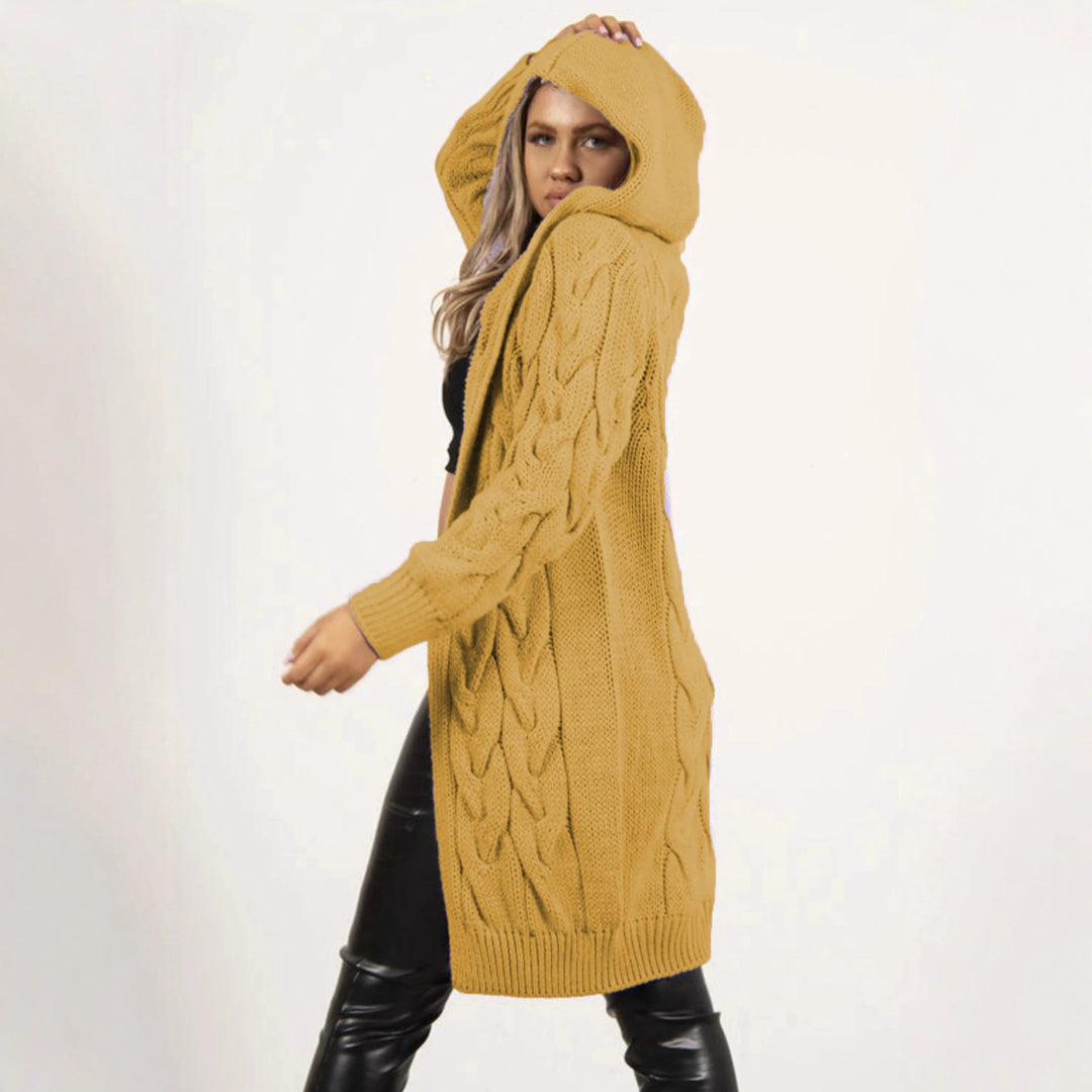 Damen Strickmantel mit Kapuze und Zopfmuster Drune