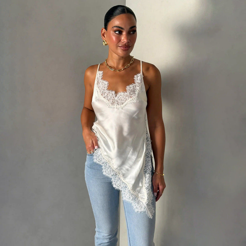 Damen Satin Top mit Spitzenverzierungen Drune