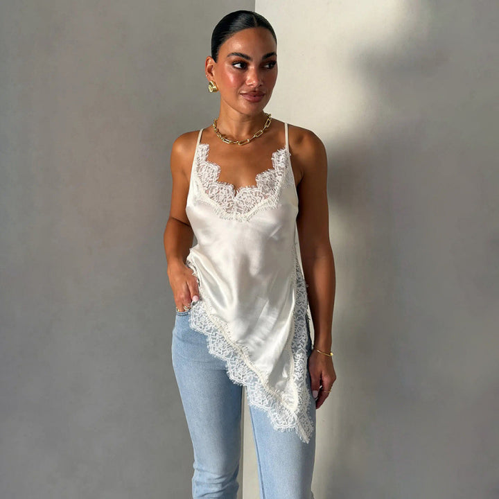 Damen Satin Top mit Spitzenverzierungen Drune