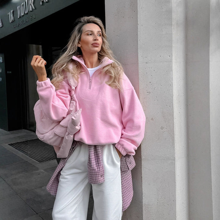 Damen Fleece Sweatpullover mit modernem Stehkragen und halbem Reißverschluss Drune
