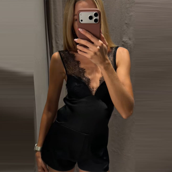 Damen Satin-Cami-Top mit feiner Spitze und verstellbaren Trägern Drune