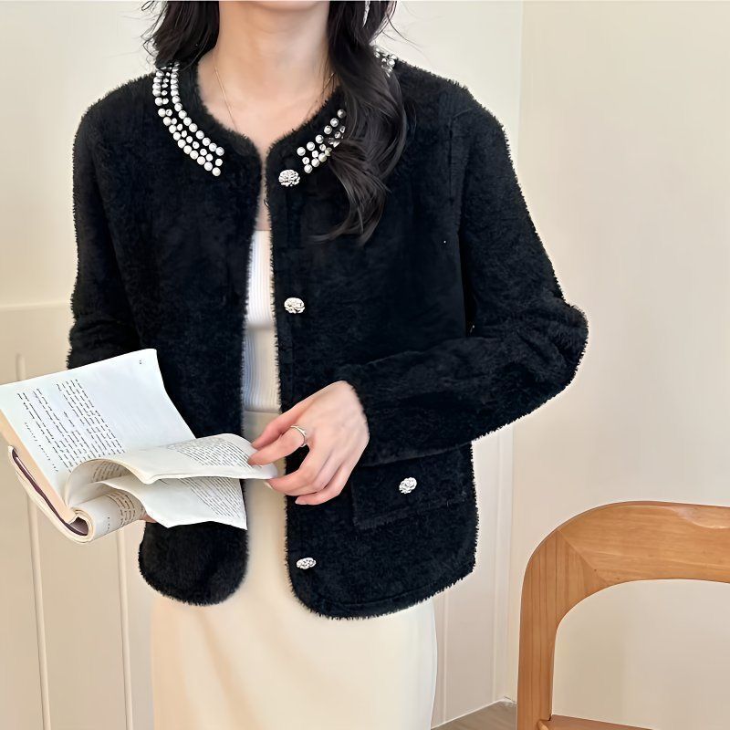 Damen Flauschige Strickjacke mit dekorativen Perlen Drune