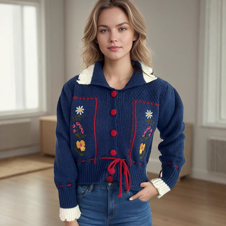 Damen Strickjacke mit Blumenstickerei und modernem Kordelzug Drune