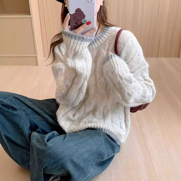 Damen Grob gestrickter Pullover mit Zopfmuster und Rundhalsausschnitt Drune