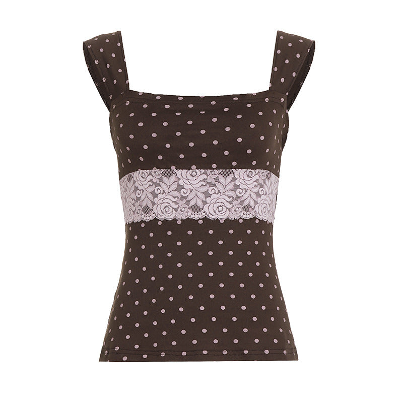 Damen Spaghetti-Trägertop mit Spitzeneinsatz und verspieltem Punktdesign Drune