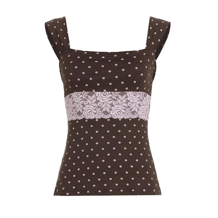 Damen Spaghetti-Trägertop mit Spitzeneinsatz und verspieltem Punktdesign Drune
