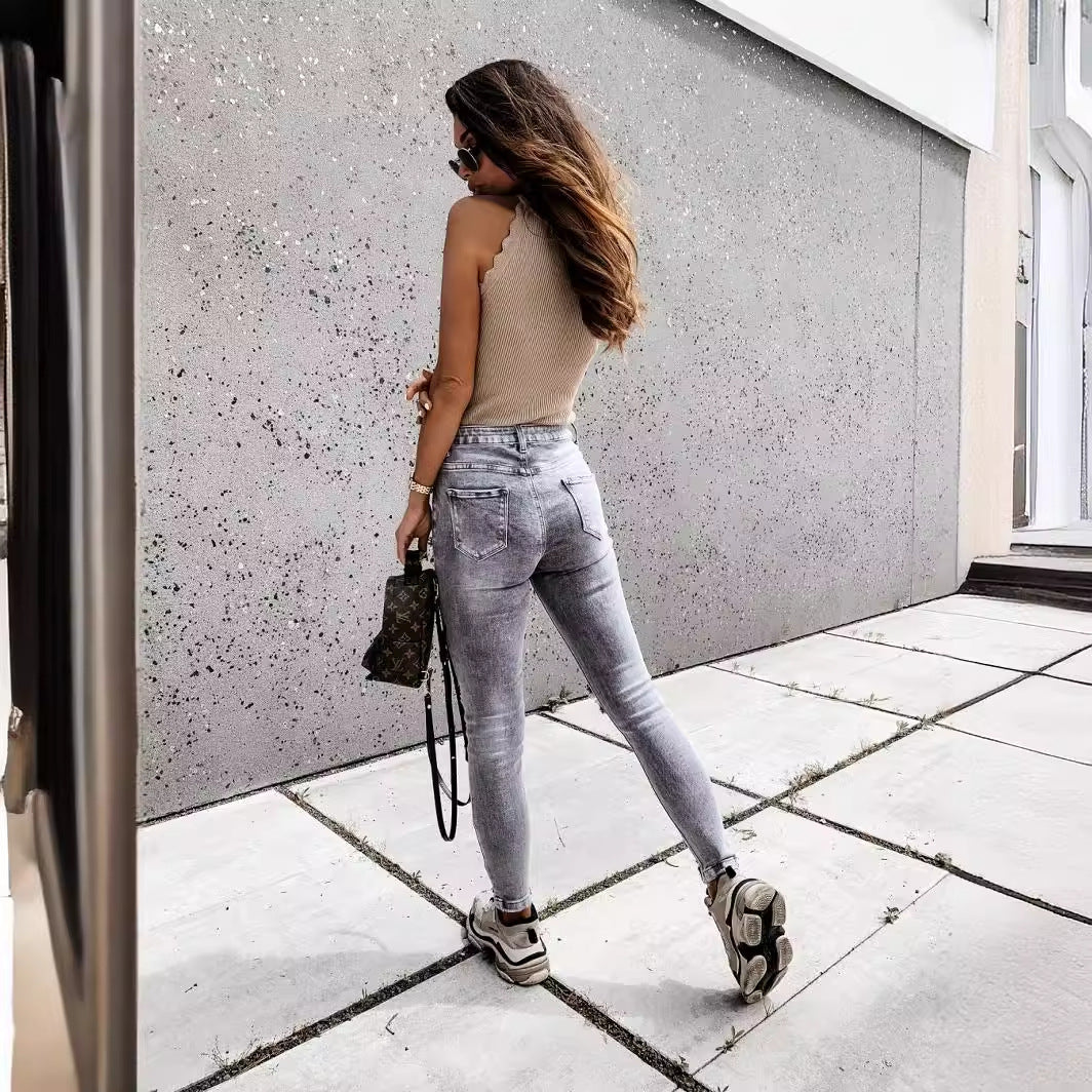 Damen Skinny Jeans mit hohen Taschen und trendy Distressed-Details Drune