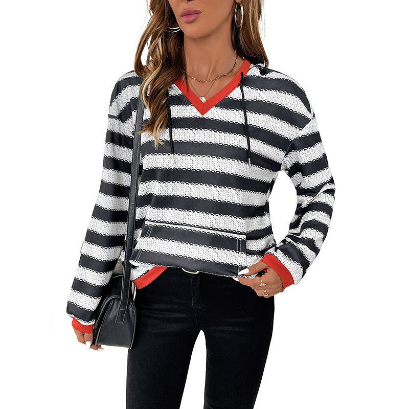Damen Baumwoll-Pullover mit modischem V-Ausschnitt und gestreiftem Design Drune