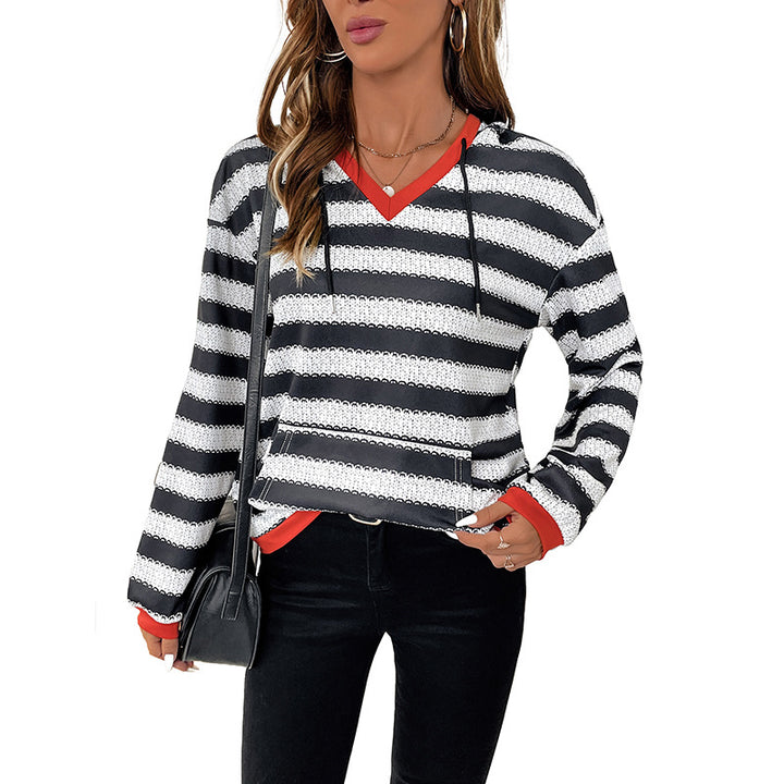 Damen Baumwoll-Pullover mit modischem V-Ausschnitt und gestreiftem Design Drune