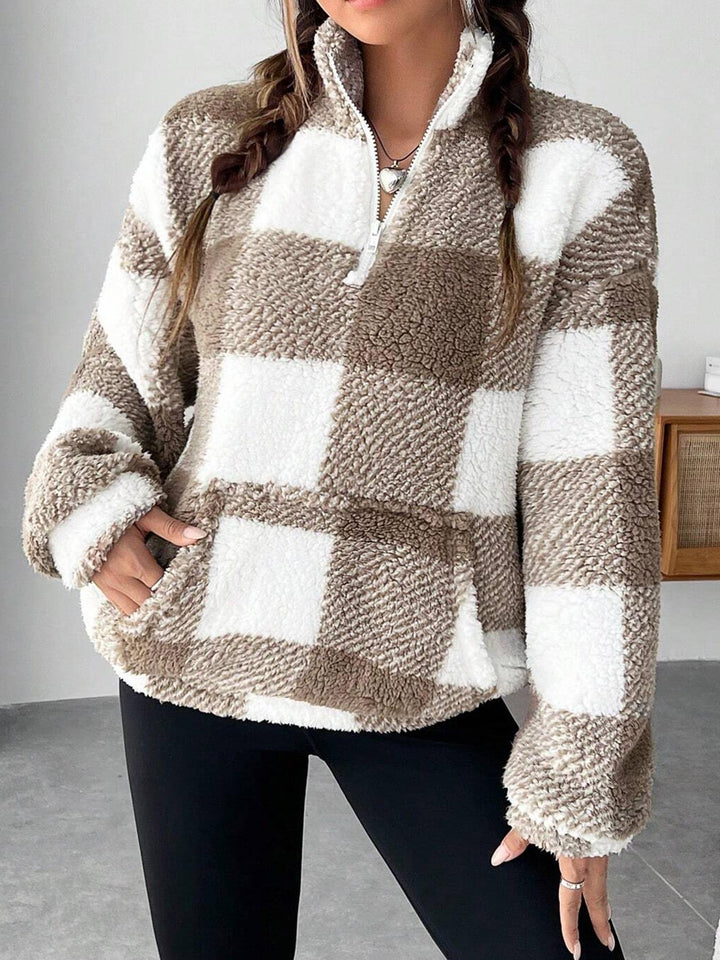 Damen nan kuscheliger Sherpa-Pullover mit Stehkragen, Half-Zip und Kängurutasche Drune