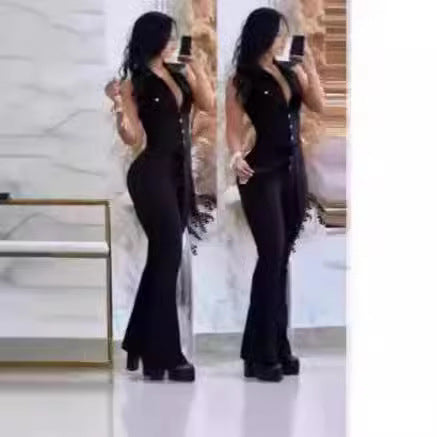 Damen Eleganter Flared Jumpsuit mit Knopfdetails Drune