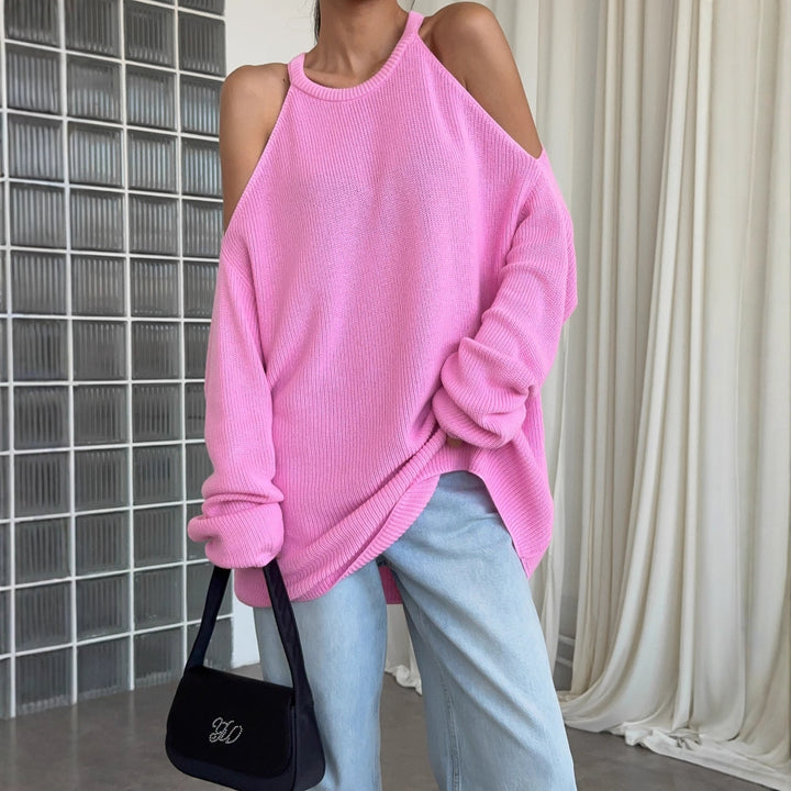 Damen lässiger Strickpullover mit offenem Schulterdesign und weichem Rippenmuster Drune