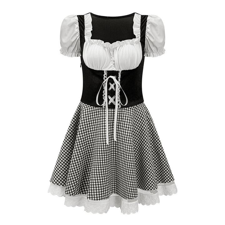 Damen nan bayerisch inspiriertes Mini-Dirndl mit geschnürtem Mieder, Puffärmeln und Vichykaro-Rock Drune