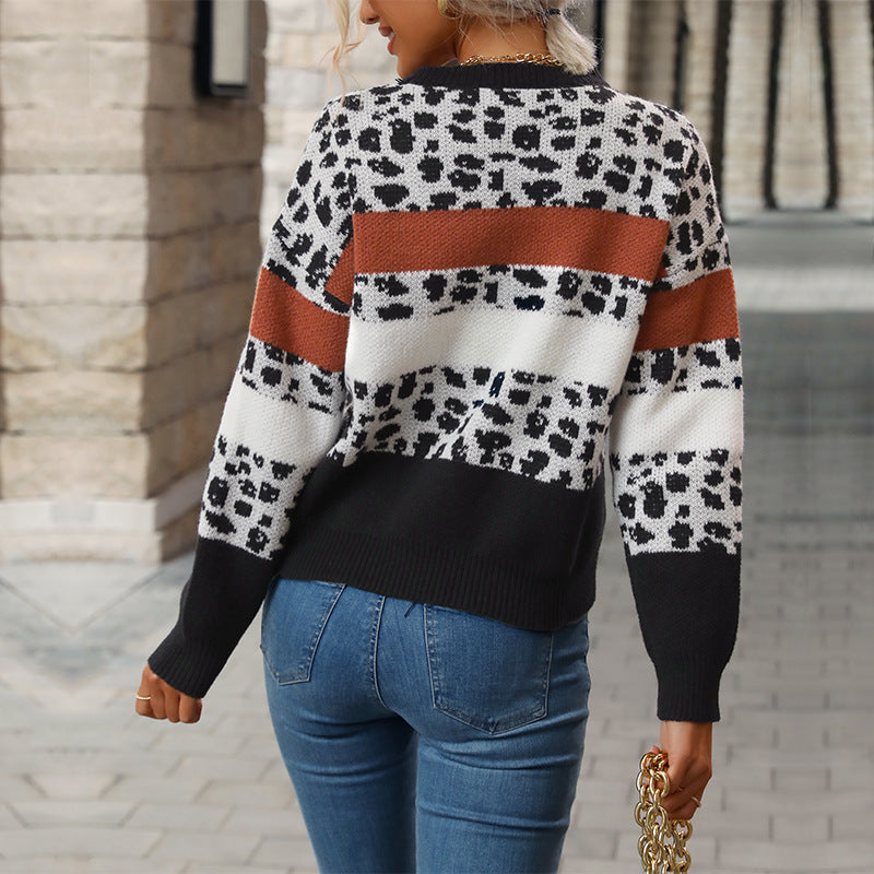 Damen gemusterter Strickpullover mit modischem Farbblockdesign und einzigartigem Animal-Print Drune