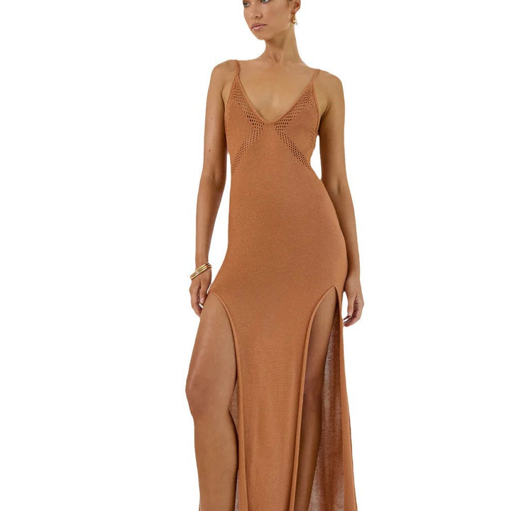 Damen Netz-Maxikleid mit hohem Schlitz Drune