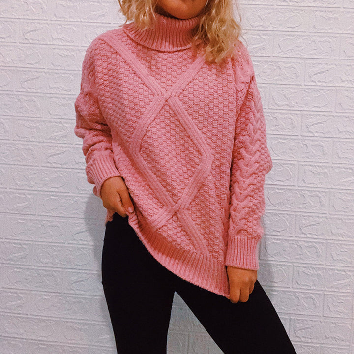 Damen Grobstrickpullover mit modischem Zopfmuster und hohem Kragen Drune