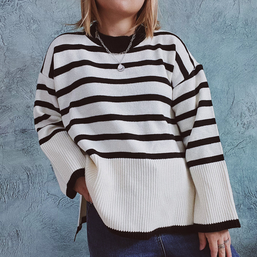 Damen lässiger Strickpullover mit modernem Streifenmuster und feiner Rippstruktur Drune