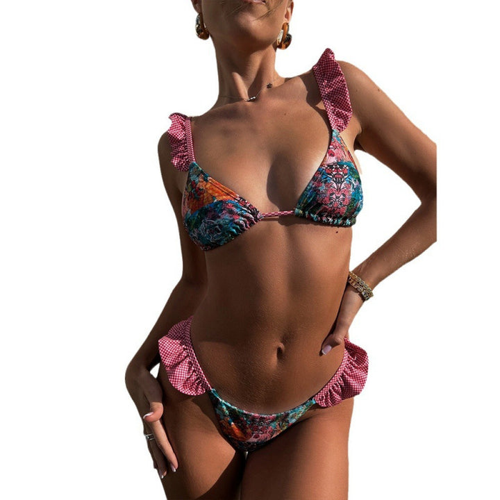 Damen Triangel-Bikini mit fröhlichem Blumenmuster und Rüschendetails Drune