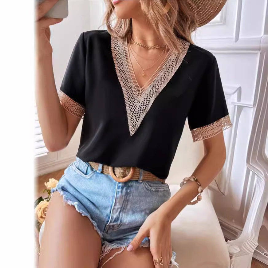 Damen Modische Bluse mit V-Ausschnitt und Spitzenbesatz Drune