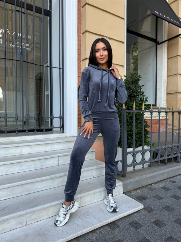 Damen Sportlicher Velours-Jogginganzug mit Kapuze und Gummizug Drune