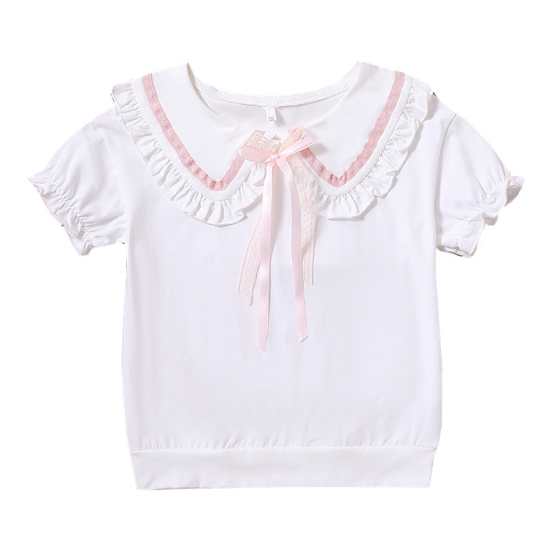 Mädchen T-Shirt mit rüschenverziertem Kragen und Schleifenakzenten Drune