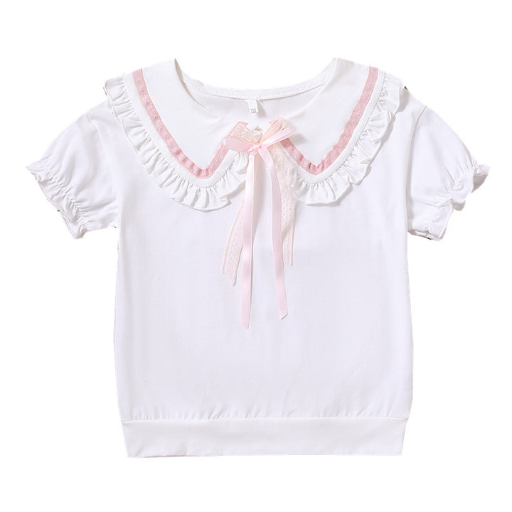 Mädchen T-Shirt mit rüschenverziertem Kragen und Schleifenakzenten Drune