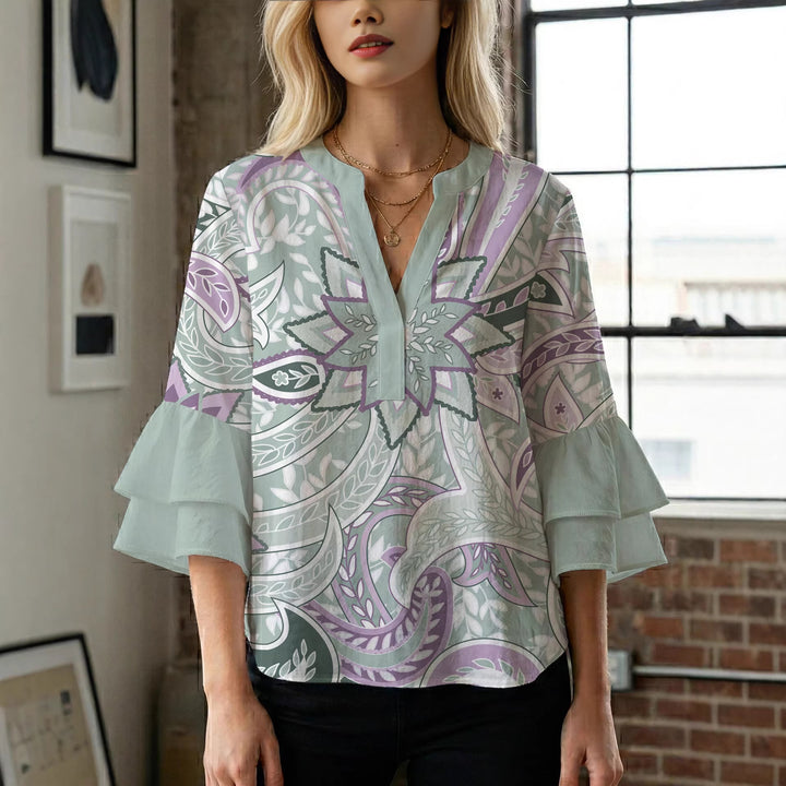 Damen Bluse mit voluminösen Rüschenärmeln und kreativem Floraldesign Drune