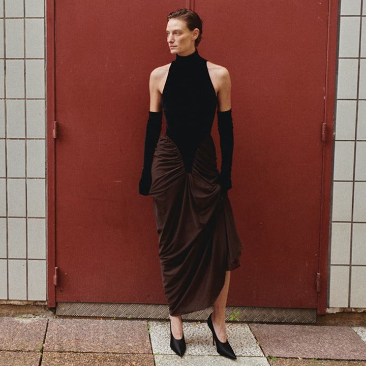 Damen Maxikleid mit hochgeschlossenem Design und kunstvollem Drapierungseffekt Drune