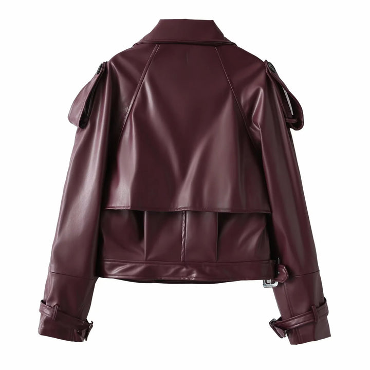 Damen coole cropped Kunstlederjacke mit asymmetrischem Kragen und modischem Design Drune