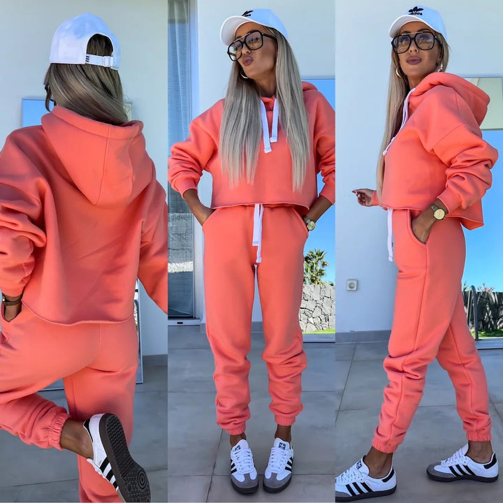 Damen bequemer Cropped Hoodie mit elastischem Bund und lässiger Jogginghose Set Drune