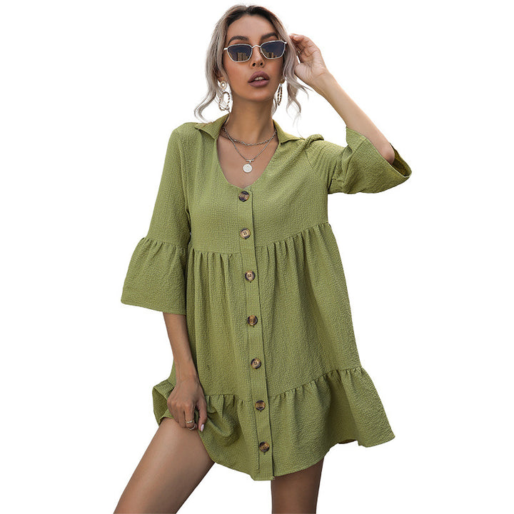 Damen lässiges Sommerkleid mit Raffungen und Knopfdetails Drune