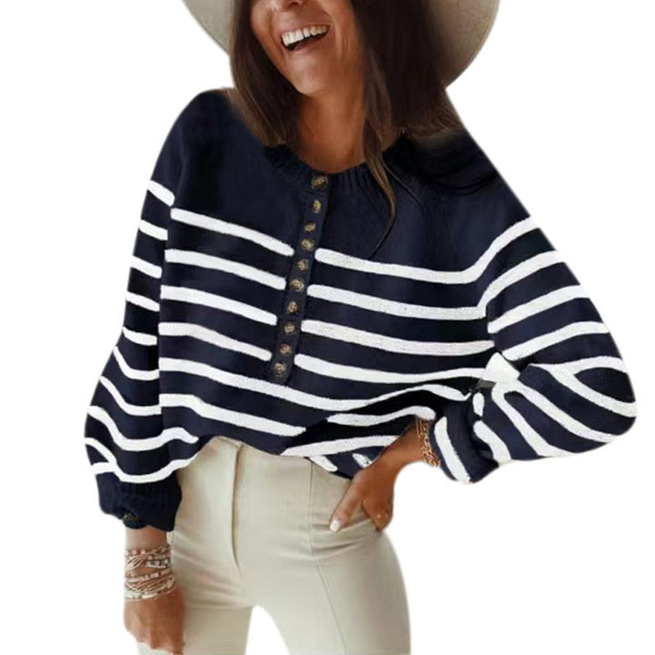 Damen lockerer Strickpullover mit Knopfdetails und Streifenmuster Drune