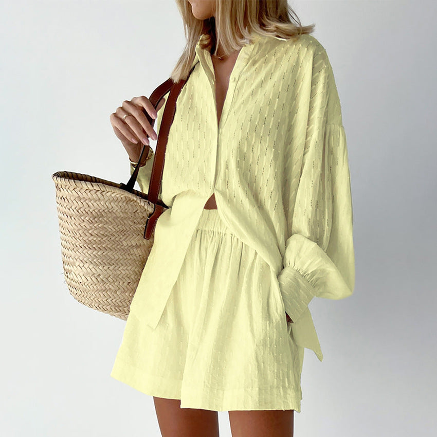 Damen luftiges Oberteil und Shorts Set mit feiner Struktur Drune