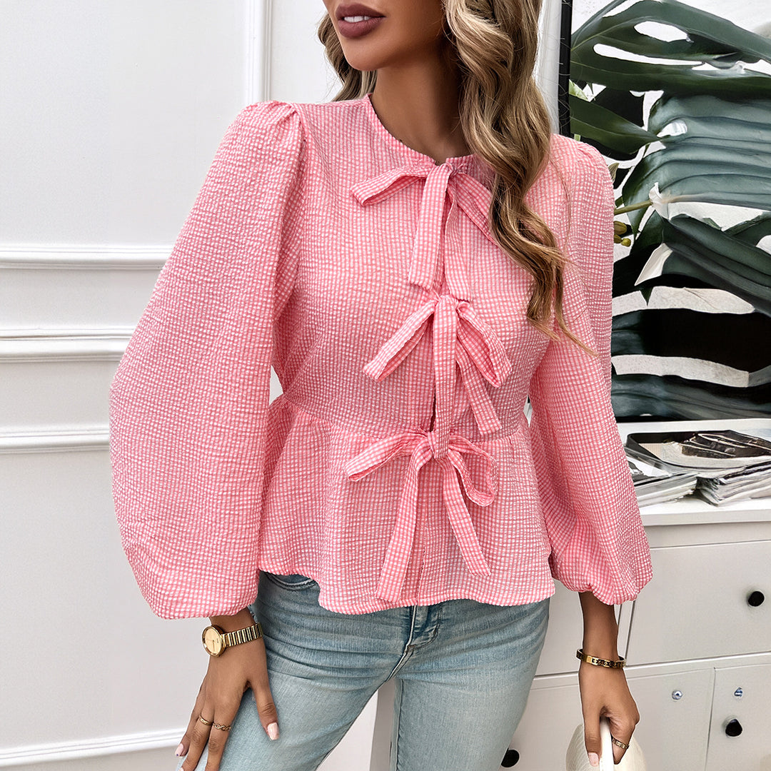 Damen Bluse mit dekorativen Bändchen und Volantärmeln Drune