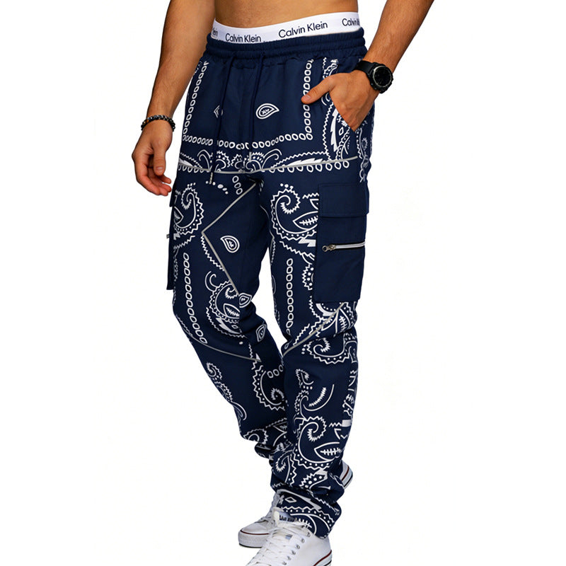 Herren nan Cargo-Jogginghose mit Paisley-Muster, elastischem Bund, multiple Reißverschluss- und Klappentaschen Drune