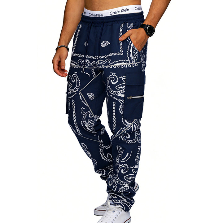 Herren nan Cargo-Jogginghose mit Paisley-Muster, elastischem Bund, multiple Reißverschluss- und Klappentaschen Drune