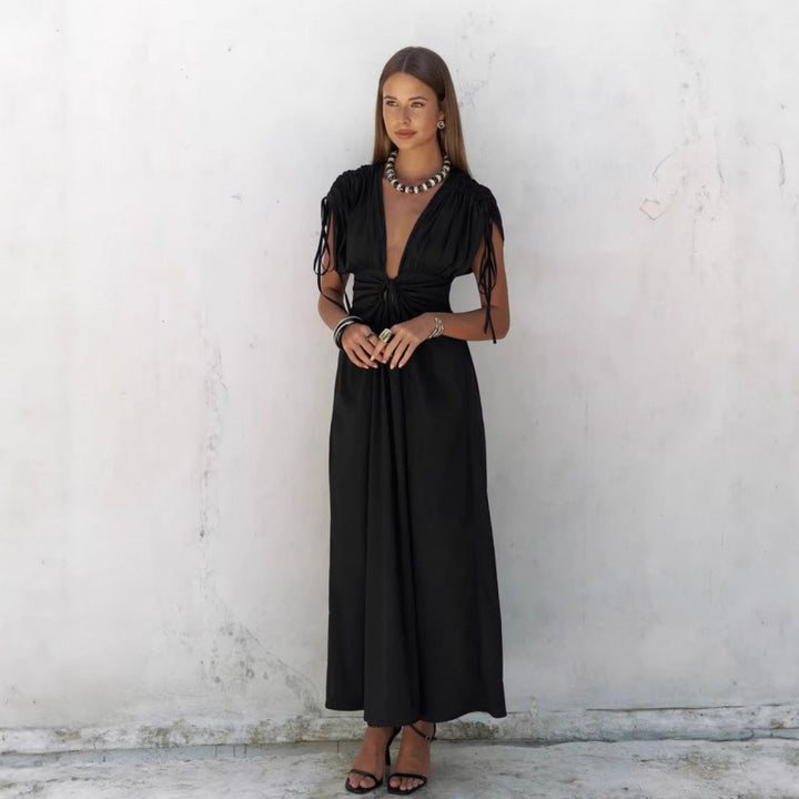 Damen elegante Maxi-Kleid mit raffiniertem Wickeldesign und tiefem V-Ausschnitt Drune