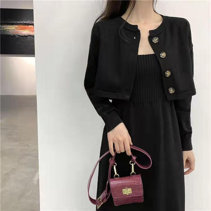 Damen Strickkleid mit passendem Cardigan und Knopfdesign Drune