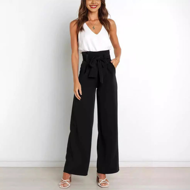 Damen Weite Stoffhose mit Bindegürtel und eleganten Taschen Drune
