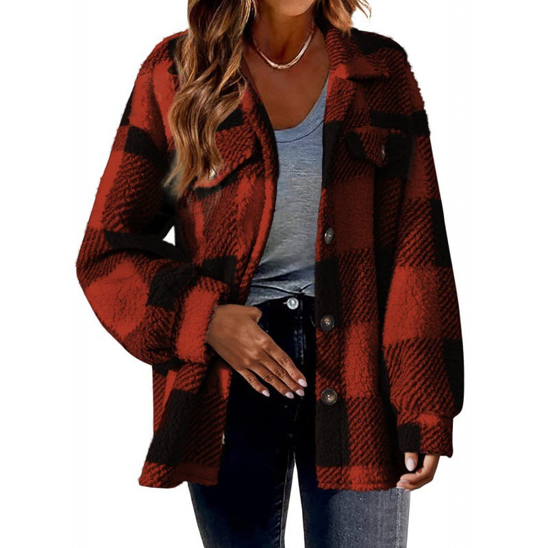 Damen Flauschige Karojacke mit Druckknopfverschluss und praktischen Taschen Drune