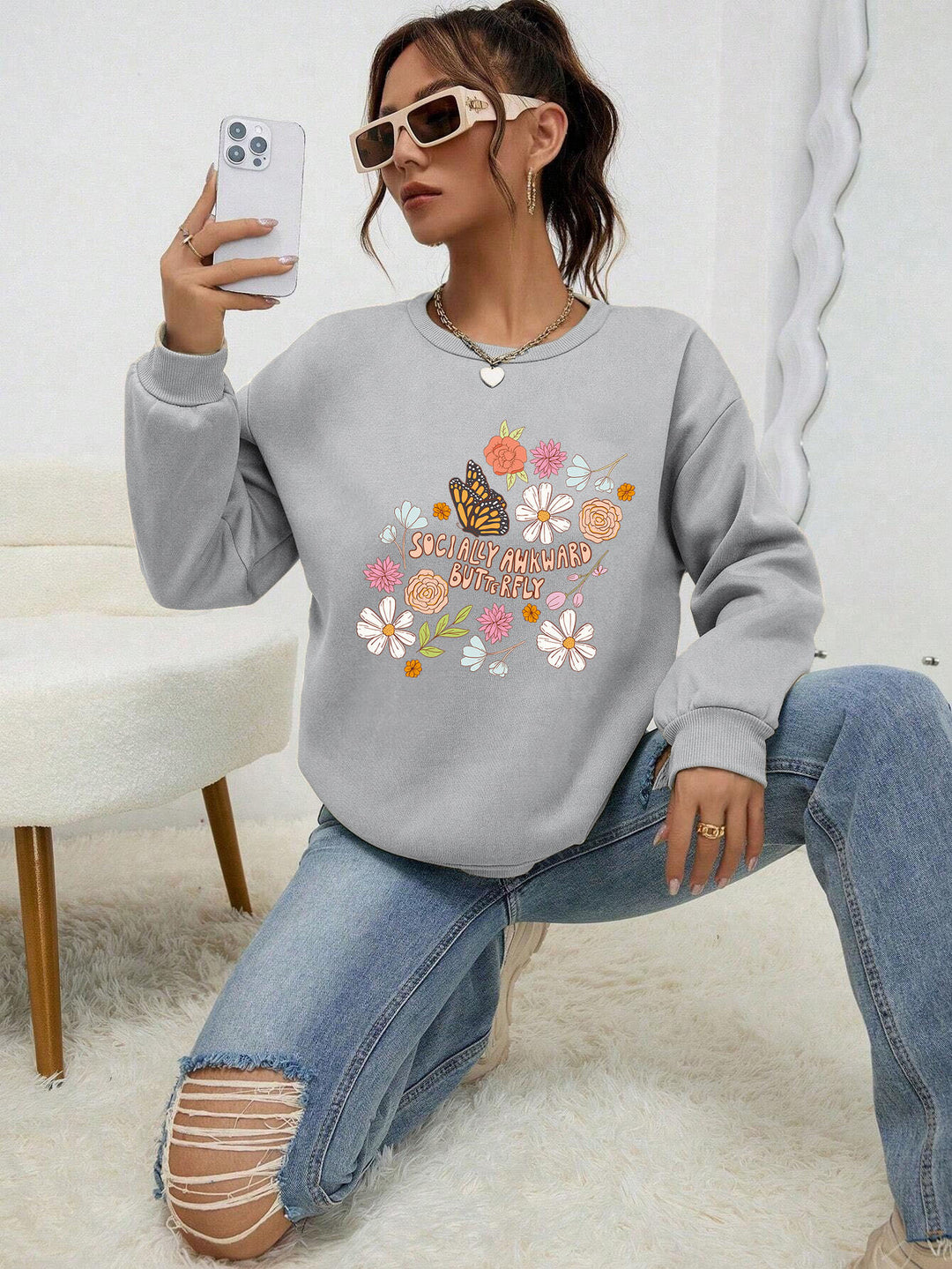Damen Sweatshirt mit kreativem Floraldesign und inspirierendem Aufdruck Drune