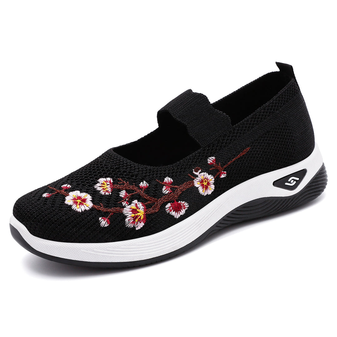Damen nan bestickter gestrickter Slip-On Sneaker mit Mary-Jane Riemen und stoßdämpfender EVA-Sohle Drune