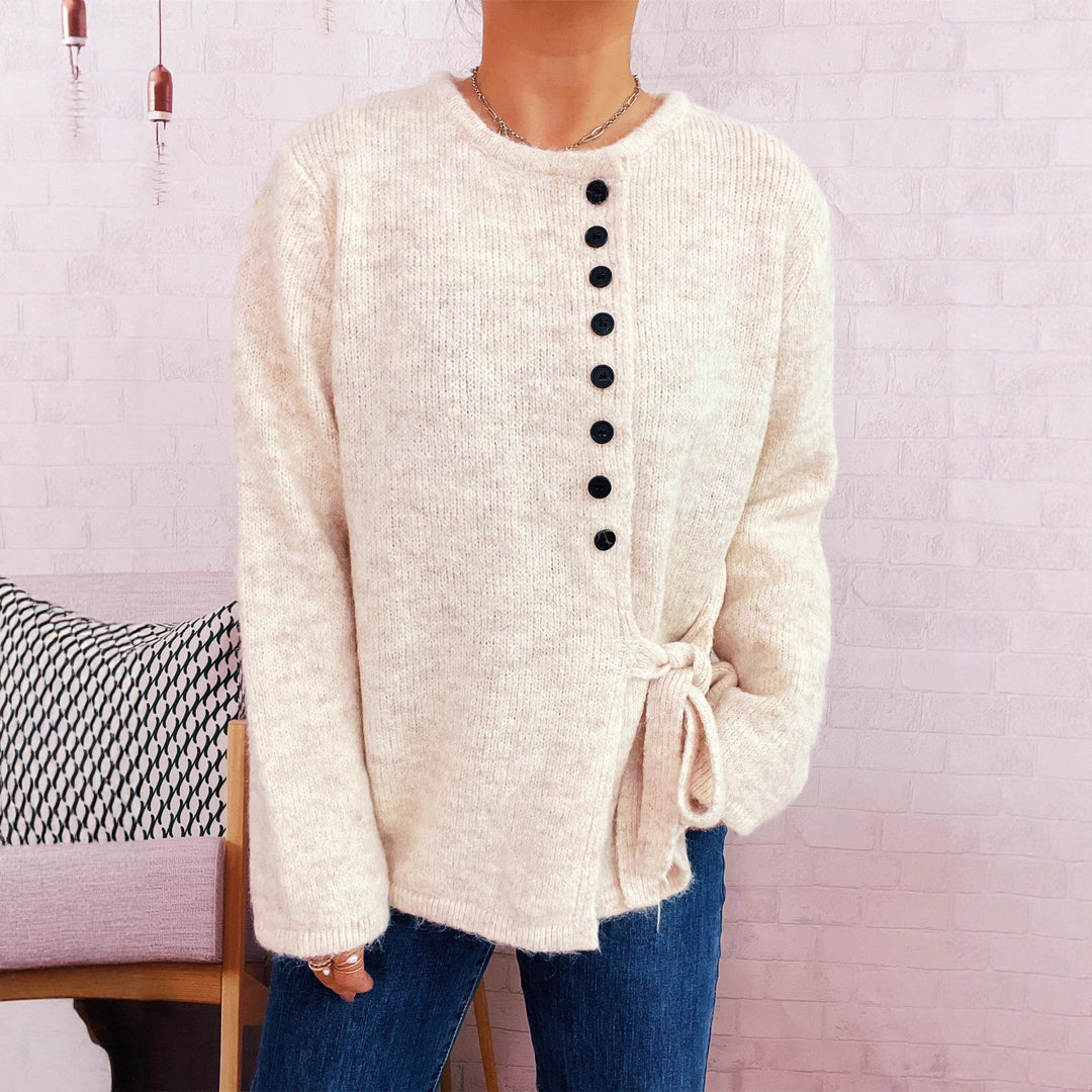 Damen verspielter Strickpullover mit seitlichem Knoten und Knopfdetail Drune