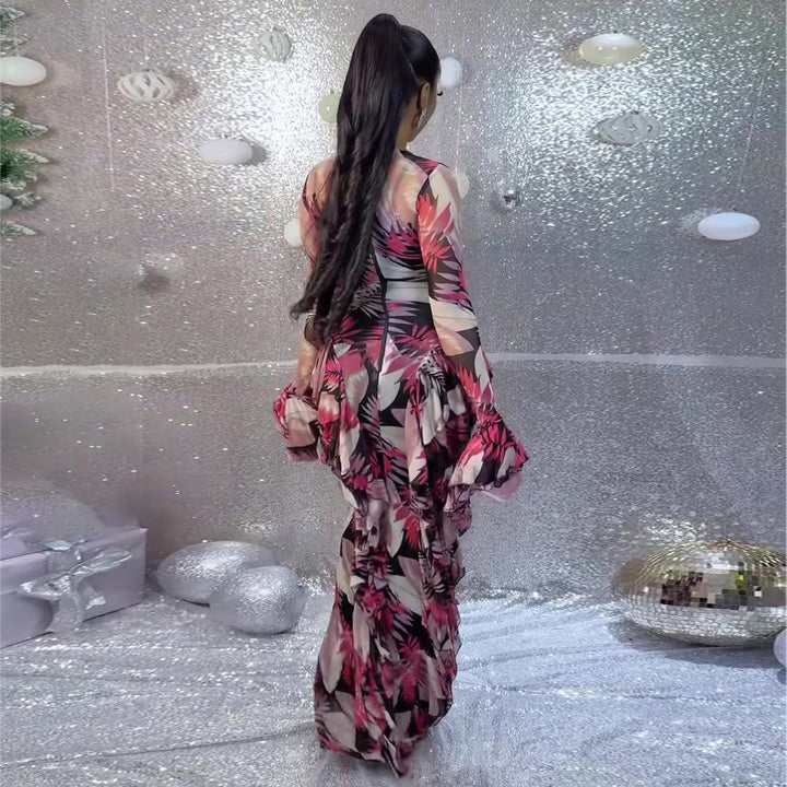 Damen Maxikleid mit transparenten Ärmeln und floralem Muster Drune