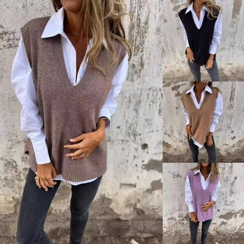 Damen eleganter Strickpullunder mit V-Ausschnitt und feinen Rippdetails Drune