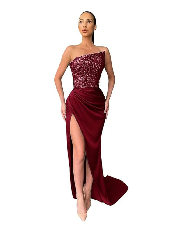 Damen Elegantes Abendkleid mit asymmetrischem Oberteil und hohem Beinschlitz Drune