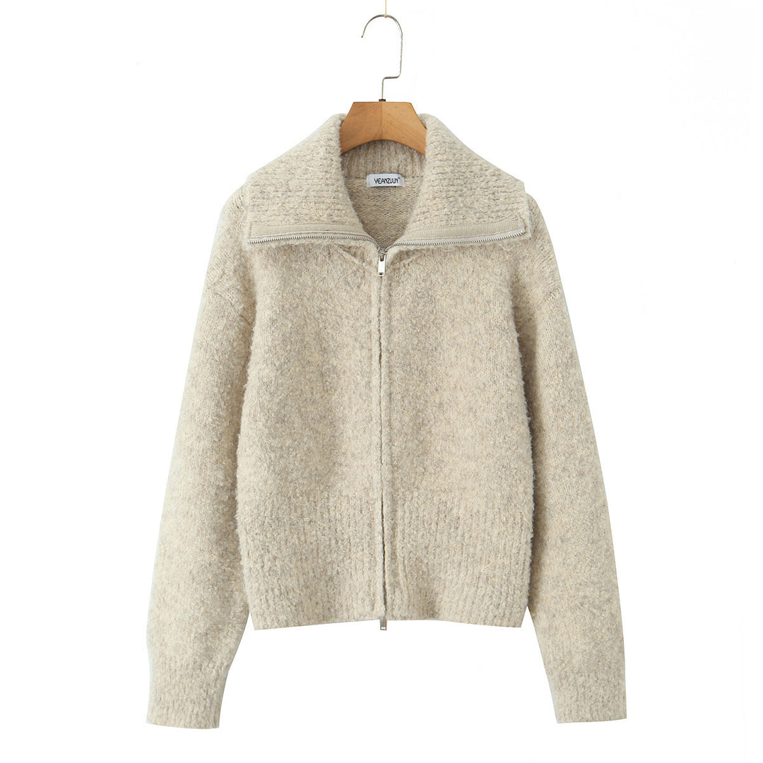 Damen elegante Kurzjacke mit weichem Stehkragen und Reißverschluss Drune