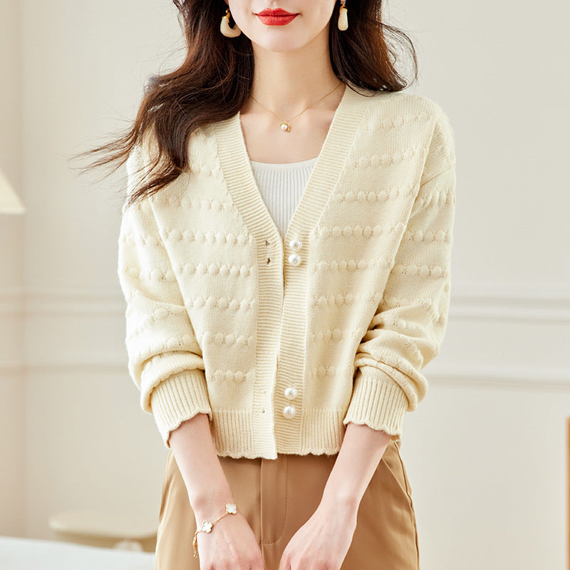 Damen kuschelige Strickjacke mit perlverzierten Knöpfen und strukturiertem Design Drune
