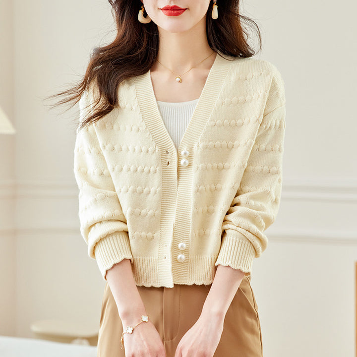 Damen kuschelige Strickjacke mit perlverzierten Knöpfen und strukturiertem Design Drune