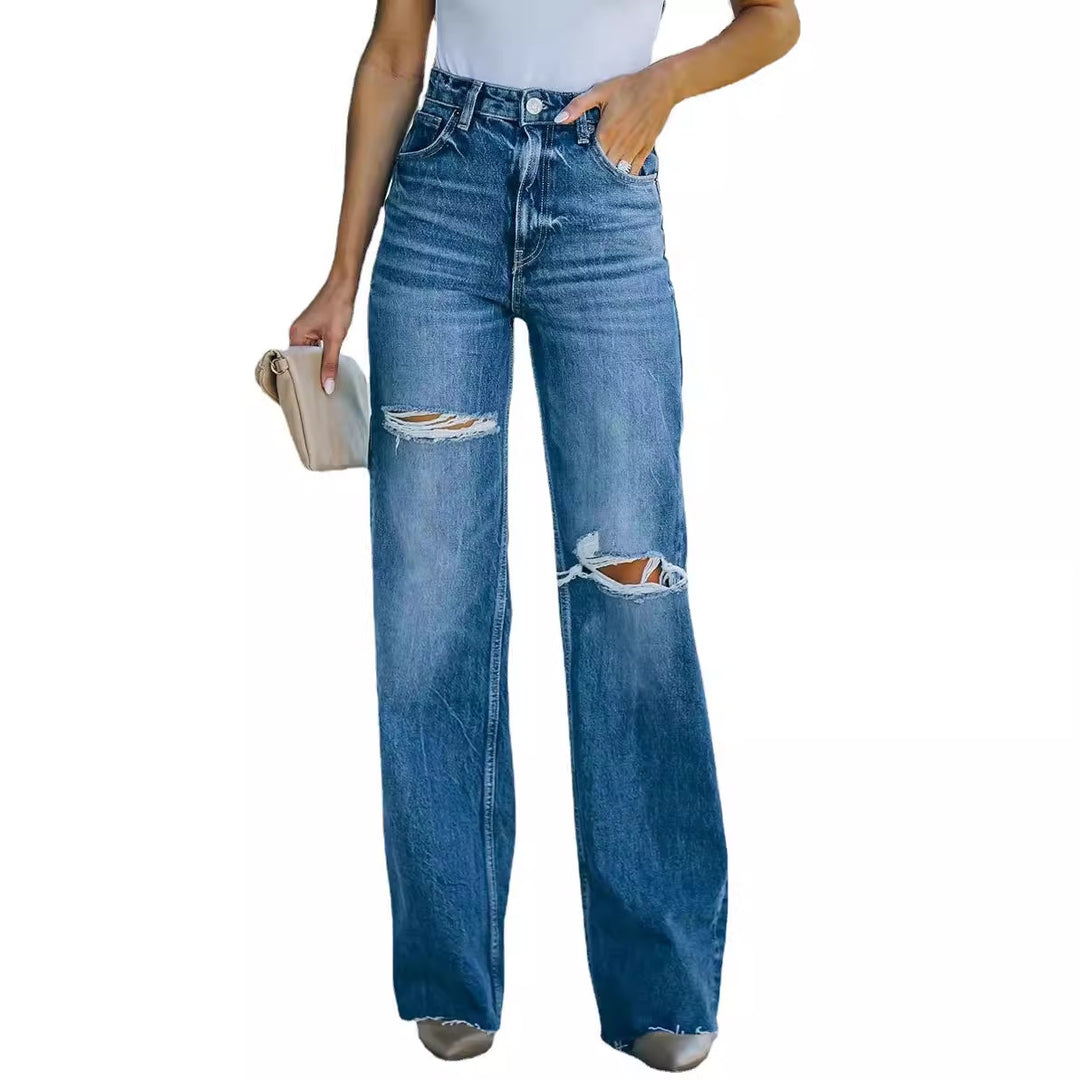 Damen Weitgeschnittene High-Waist Jeans mit Distressed-Details Drune